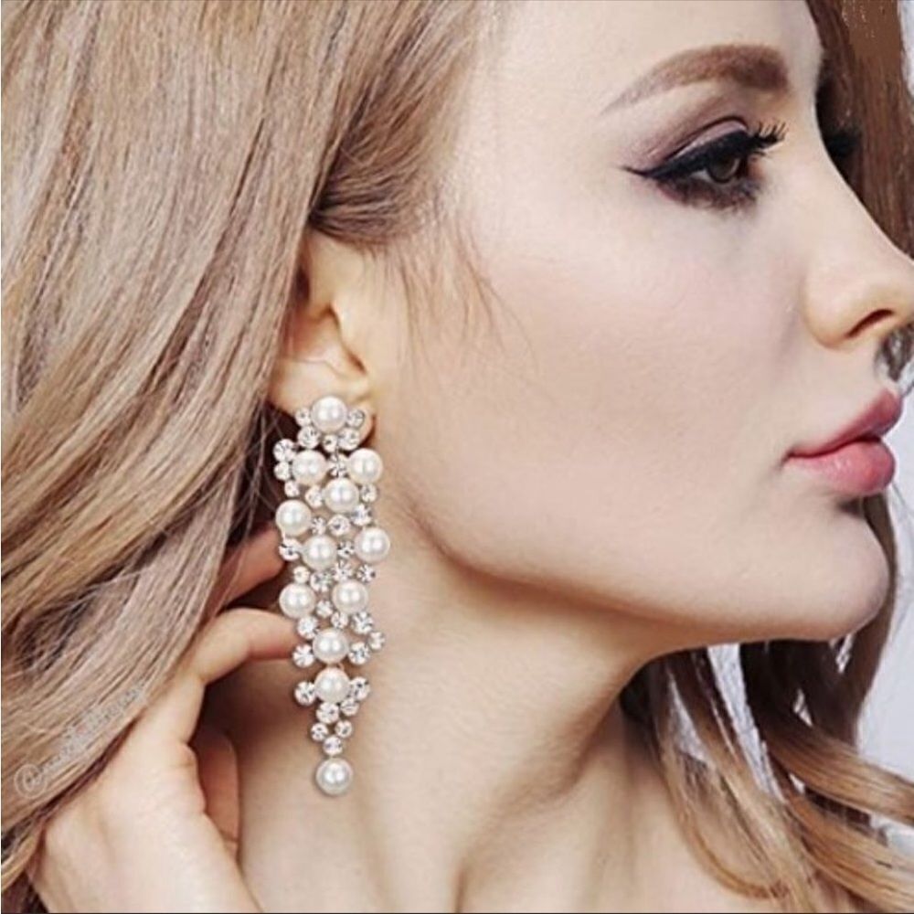 Christian Siriano NY Faux Pearl & Jewels Gold Tone Dangling Earrings